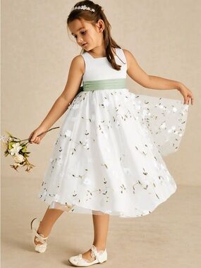 Azazie Pollie Ivory Dusty Sage A-Line Bow Tulle Dress